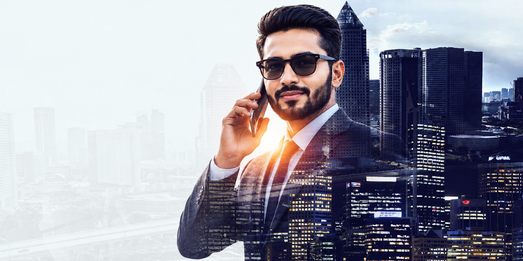 A leader on a call against a city skyline